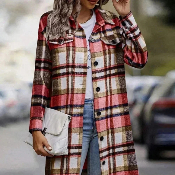 Red Elegant Women's Plaid Long Sleeve Button Up Flannel Shirt Shacket - Picture 1 of 4